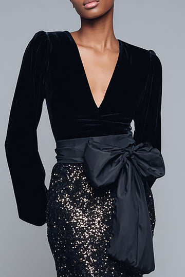 Sparkly Black Mermaid Sequins V-Neck Long Formal Dress with Bow